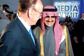 Prince Alwaleed greets News Corp's Rupert Murdock at an Abu Dhabi media conference